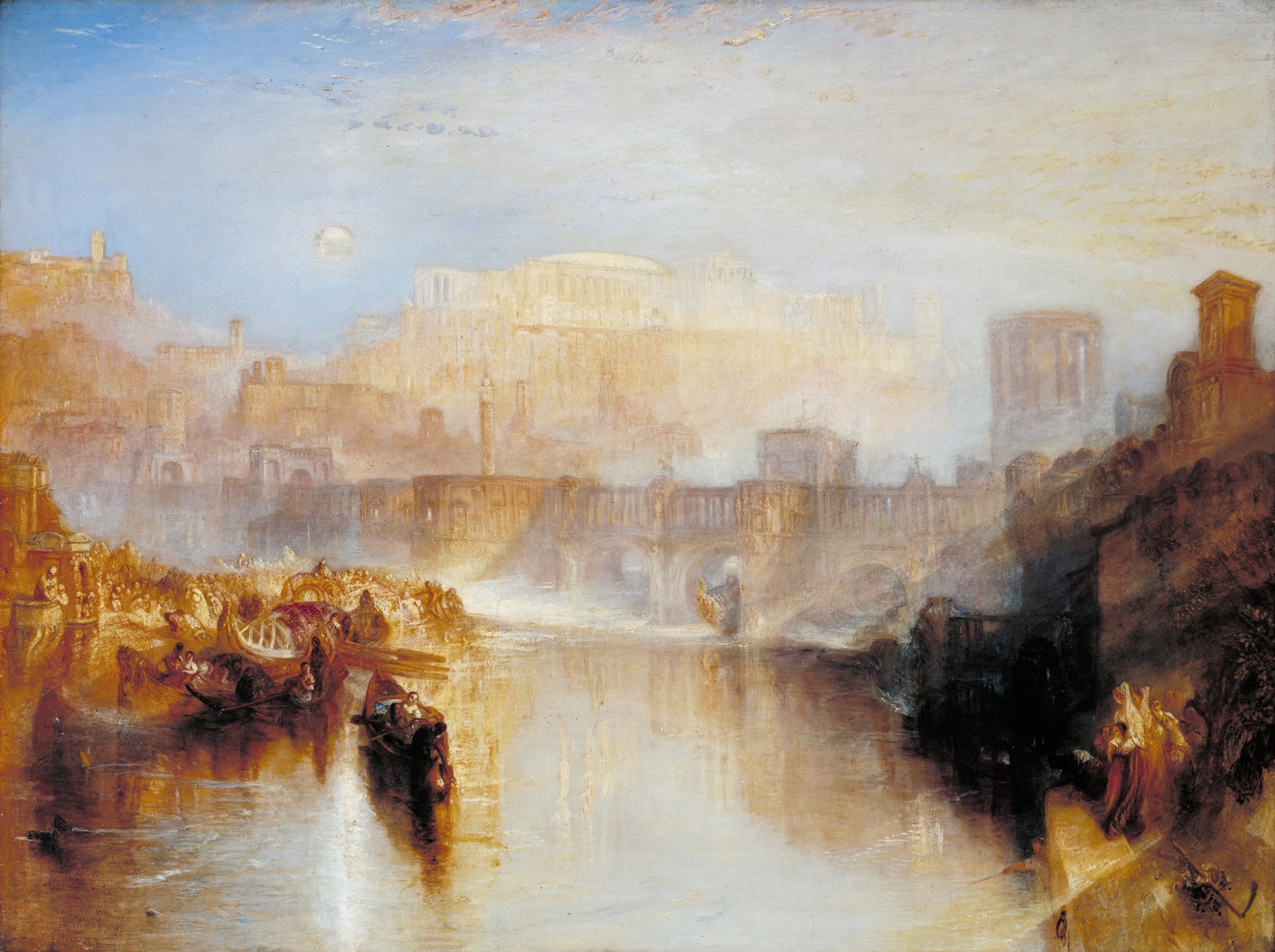 La Roma imperial en una bruma dorada sobre el Tíber, sus palacios y un puente triunfal, con barcas abarrotando el río, en el cuadro de Turner